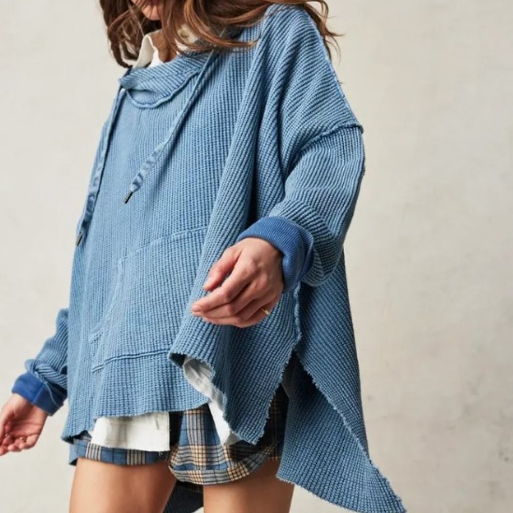 FP Free People One Gannet Hoodie Thermal Blue Oversized Washed Sweatshirt Medium
